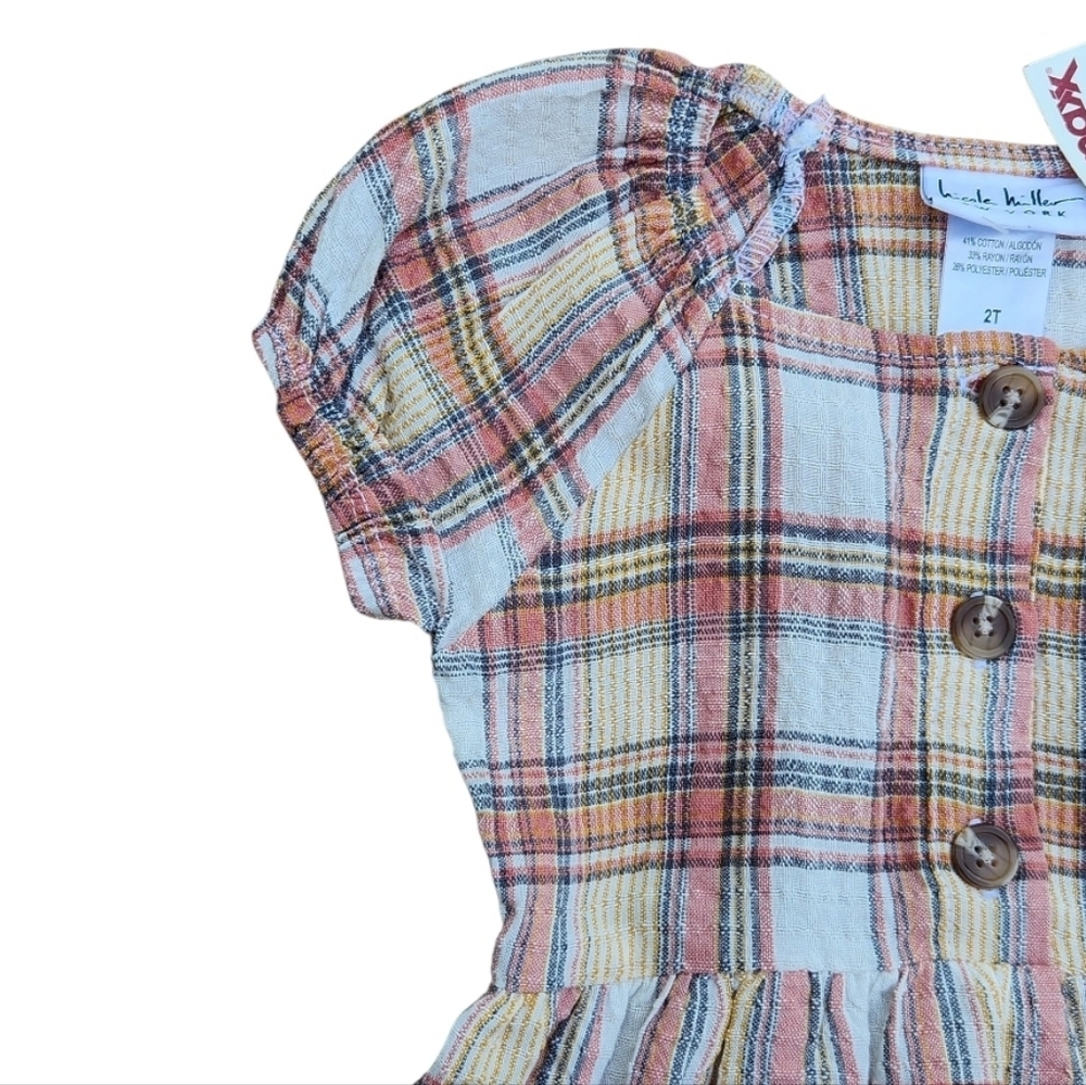 Nicole Miller Girls Woven Plaid Dress Short Sleeve Half Button Down Size 2T - Picture 3 of 12